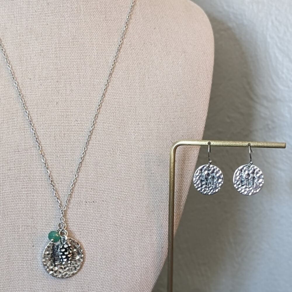 Blossom Collection Pine Tree Pine Cone Charm Silver Tone Necklace & Earring Set